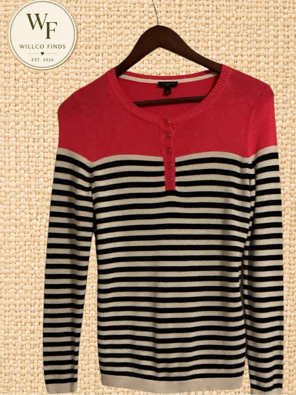 Talbots Petites Women’s SP Coral Black Ivory Striped Henley Sweater Cotton Rayon
